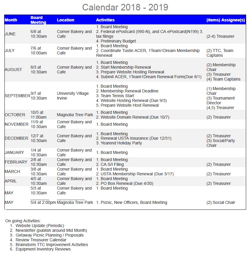 TTC Calendar Tustin Tennis Club